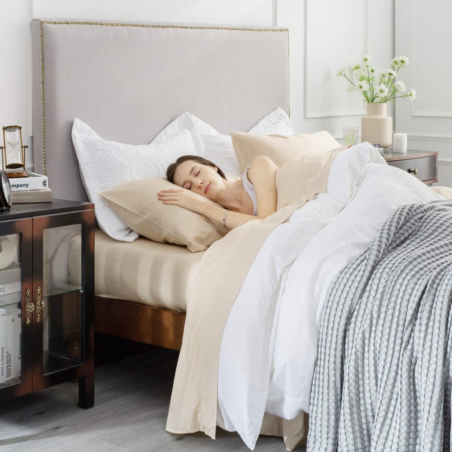 Bedsure 100% Bamboo Sheets Twin Size Cooling Sheets Deep Pocket Bed Sheets-Super Soft Hypoallergenic,Breathable - 3 Pieces 1 Fitted Sheet with 16 Inches, 1 Flat Sheet, 1 Pillowcases-Beige: Home & Kitchen