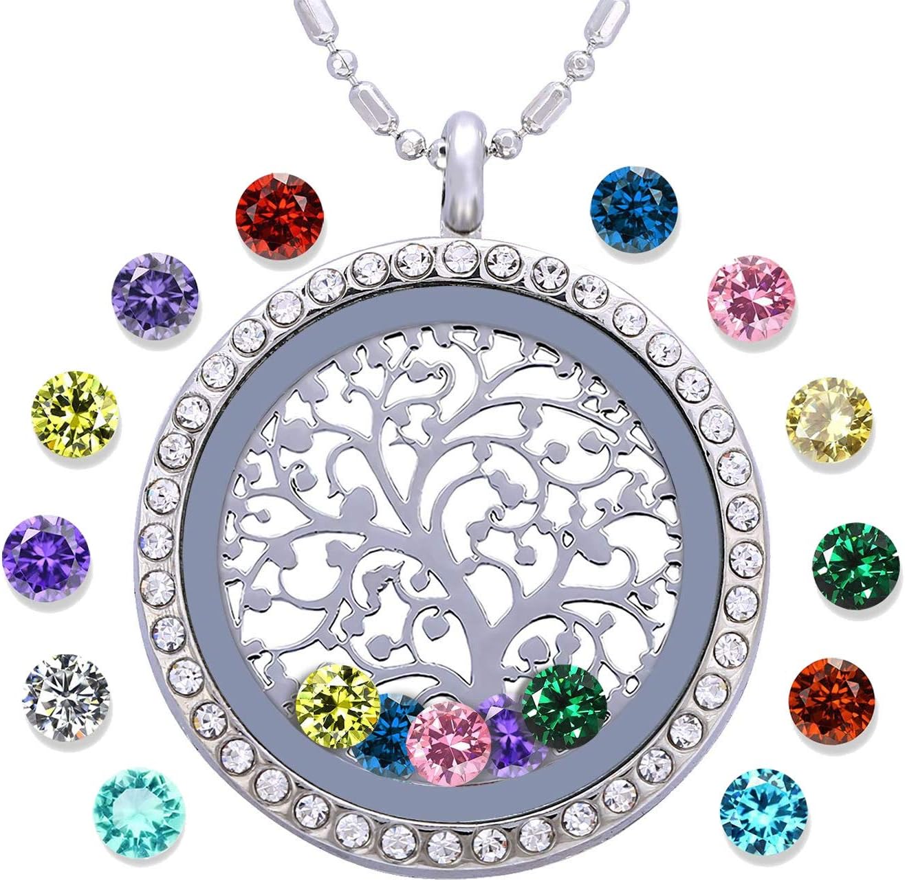 Family Tree of Life Floating Living Memory Locket Pendant Necklace with Birthstone, All Charms Included
