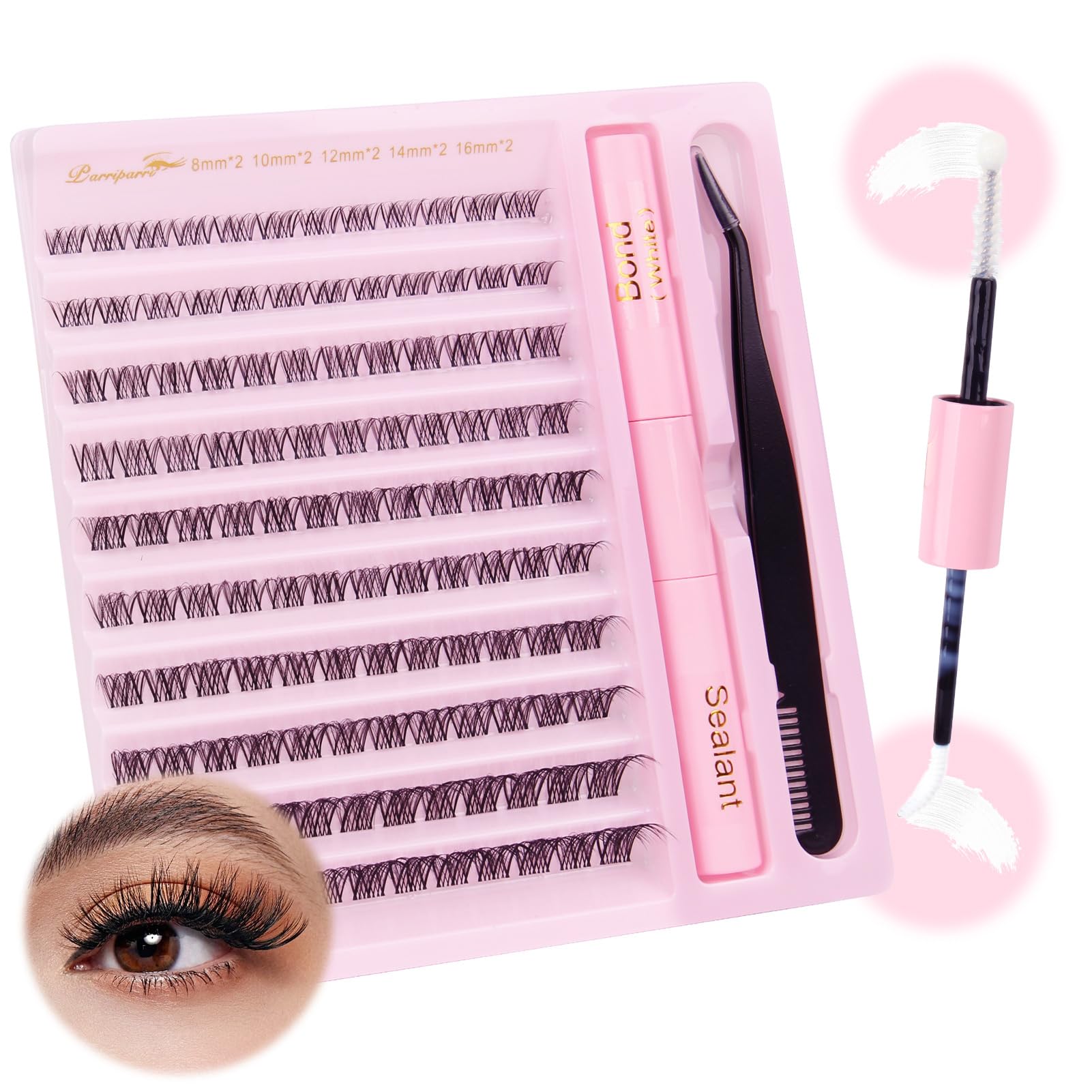 Parriparri Cluster Lashes Kit Clear Band 120Pcs Individual Lashes with Bond and Seal and Lash Extension Applicator Natural Eyelash Extensions Kit False Eyelashes DIY at Home (8-16MM MIX) — image 1