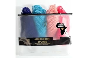 BELLANOMI 4 Piece African Exfoliating Net Sponge Long African Bath Sponge, Authentic Ethically Sourced from Nigeria, Great for Daily Use (Navy Blue, Baby Blue, Blush, Pink)