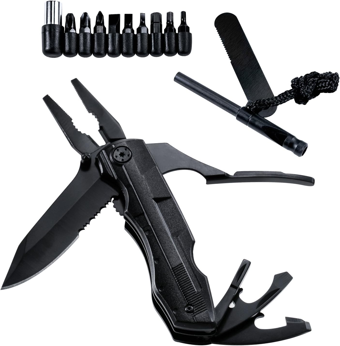 5-in-1 Multitool Survival Knife Pliers Kit GOYIKI Multi-Purpose Pocket Knife with Screwdriver Bit Set Fire Starter Nylon Sheath Durable Black Stainless Steel for Camping, Hiking, Fishing