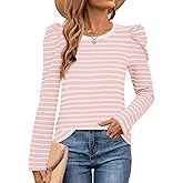 MEROKEETY Women's Puff Long Sleeve Striped Tops Crew Neck 2025 Fall Casual Knit Basic Tee Shirts