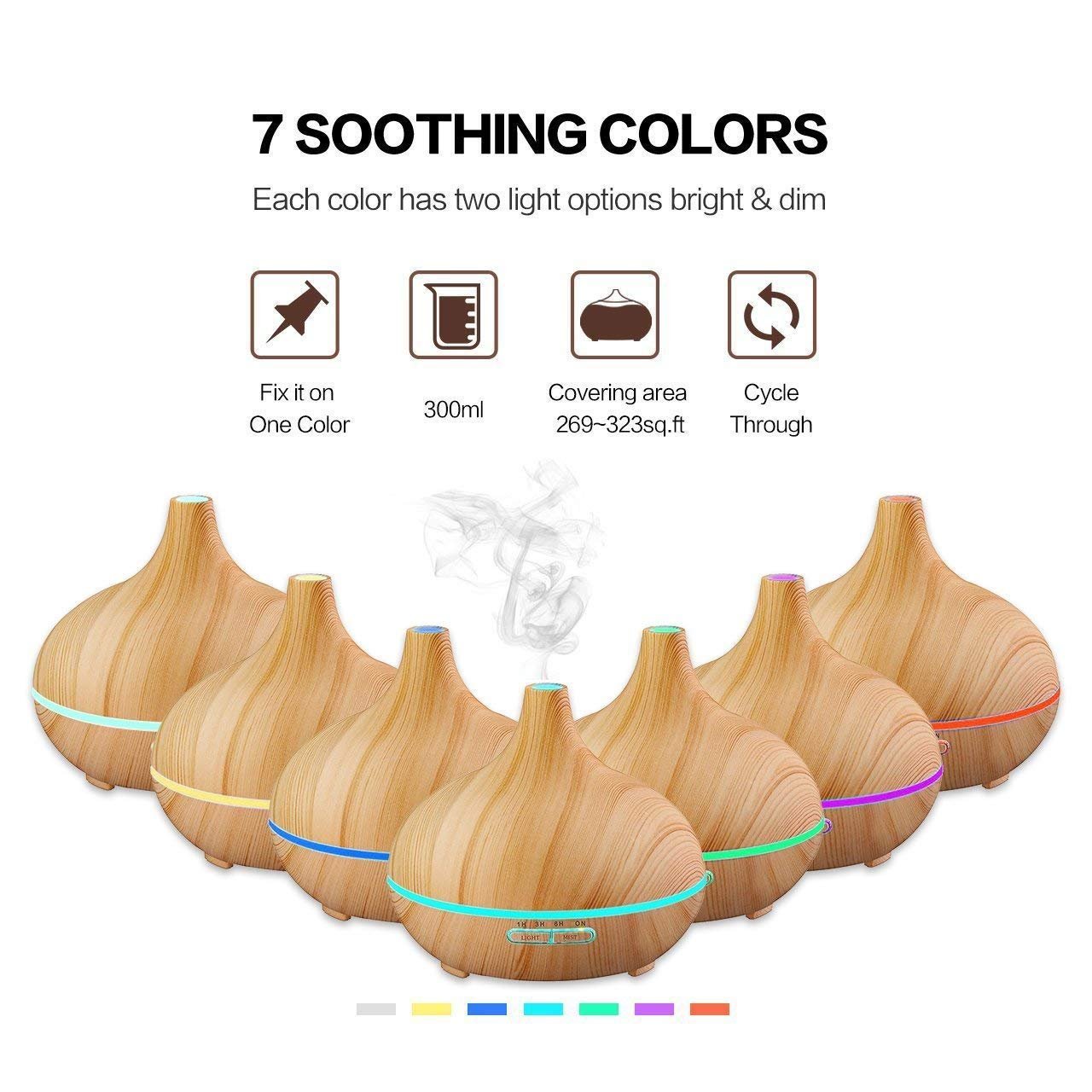 Essential Oil Diffuser,XPLUS 300ml Wood Grain Ultrasonic Cool Mist Humidifier With Adjustable Mist Mode,Multi-Color Light and Waterless Auto Shut-Off for Office Home Bedroom Living Room Study Yoga Spa (Wood Grain)