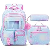 Fimibuke Kids Backpack for School Girls, 3Pcs Waterproof Girls Backpack with Lunch Box & Pencil Pouch - Lightweight Blue Bookbag for Ages 6+ Elementary Middle School Teens
