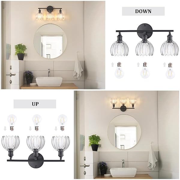 SHENMOYL BATHROOM LIGHT FIXTURES, 3-LIGHT BLACK VANITY WALL LIGHT OVER MIRROR WITH CLEAR TULIP GLASS SHADE FOR BEDROOM LIVING ROOM (BULB NOT INCLUDED)