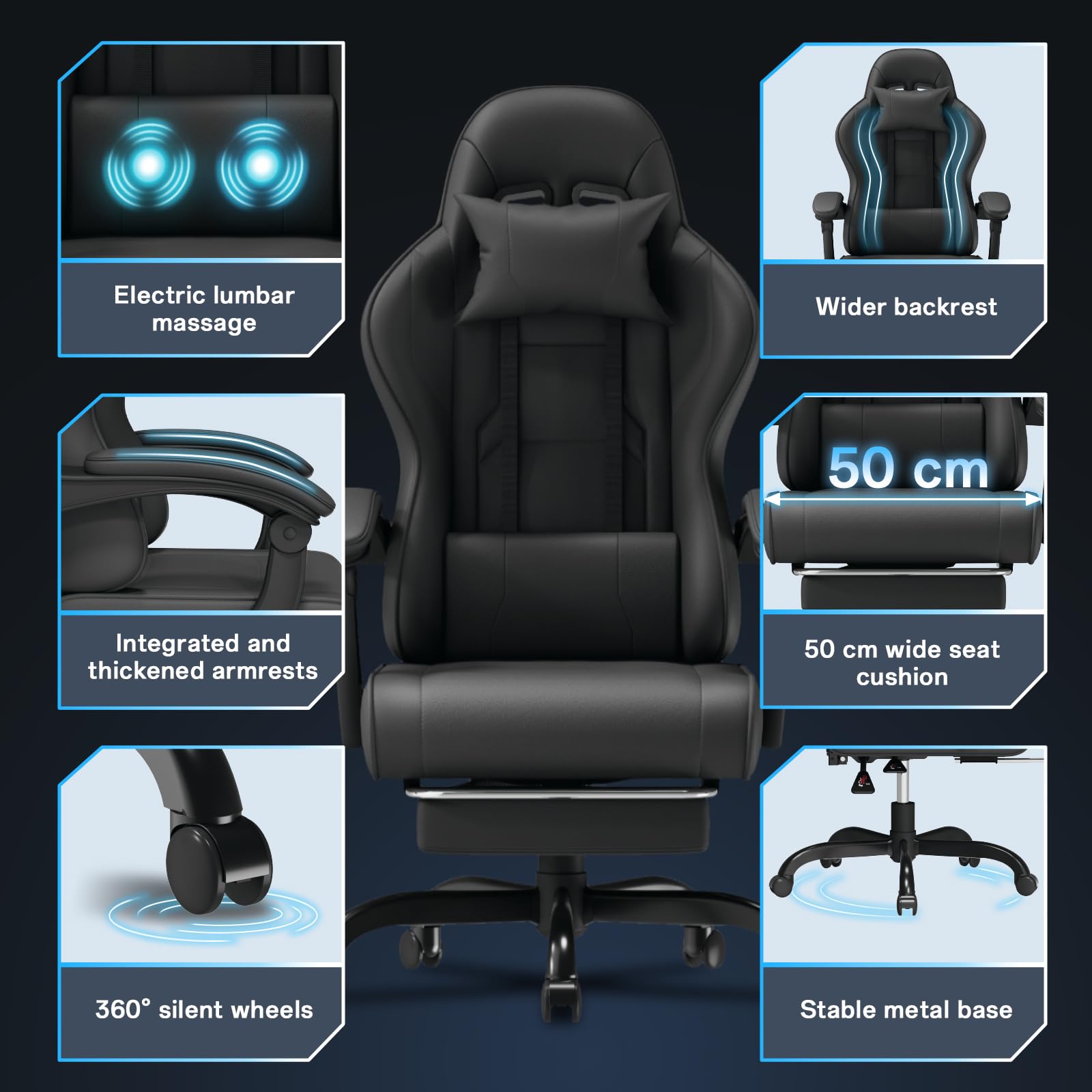 Triumphkey Gaming Chair For Adults With Footrest, Ergonomic Computer Chair With Massage Lumbar Support, Reclining Backrest, Swivel Office Gamer Chair With Headrest, Black - View 9