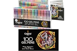Castle Art Supplies 100 Gel Pens for Adult Coloring Set | Drawing, Scrapbooks, Journals | Amazing Colors, Effects – Swirl, Glitter, Neon, Pastel, Metallic - with Smooth, Fine Tips