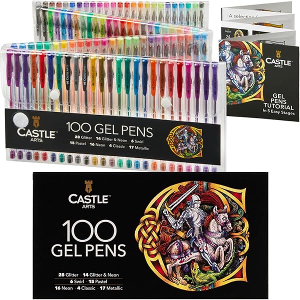 CASTLE ART SUPPLIES 100 GEL PENS FOR ADULT COLORING SET | DRAWING, SCRAPBOOKS, JOURNALS | AMAZING COLORS, EFFECTS – SWIRL, GLITTER, NEON, PASTEL, METALLIC – WITH SMOOTH, FINE TIPS