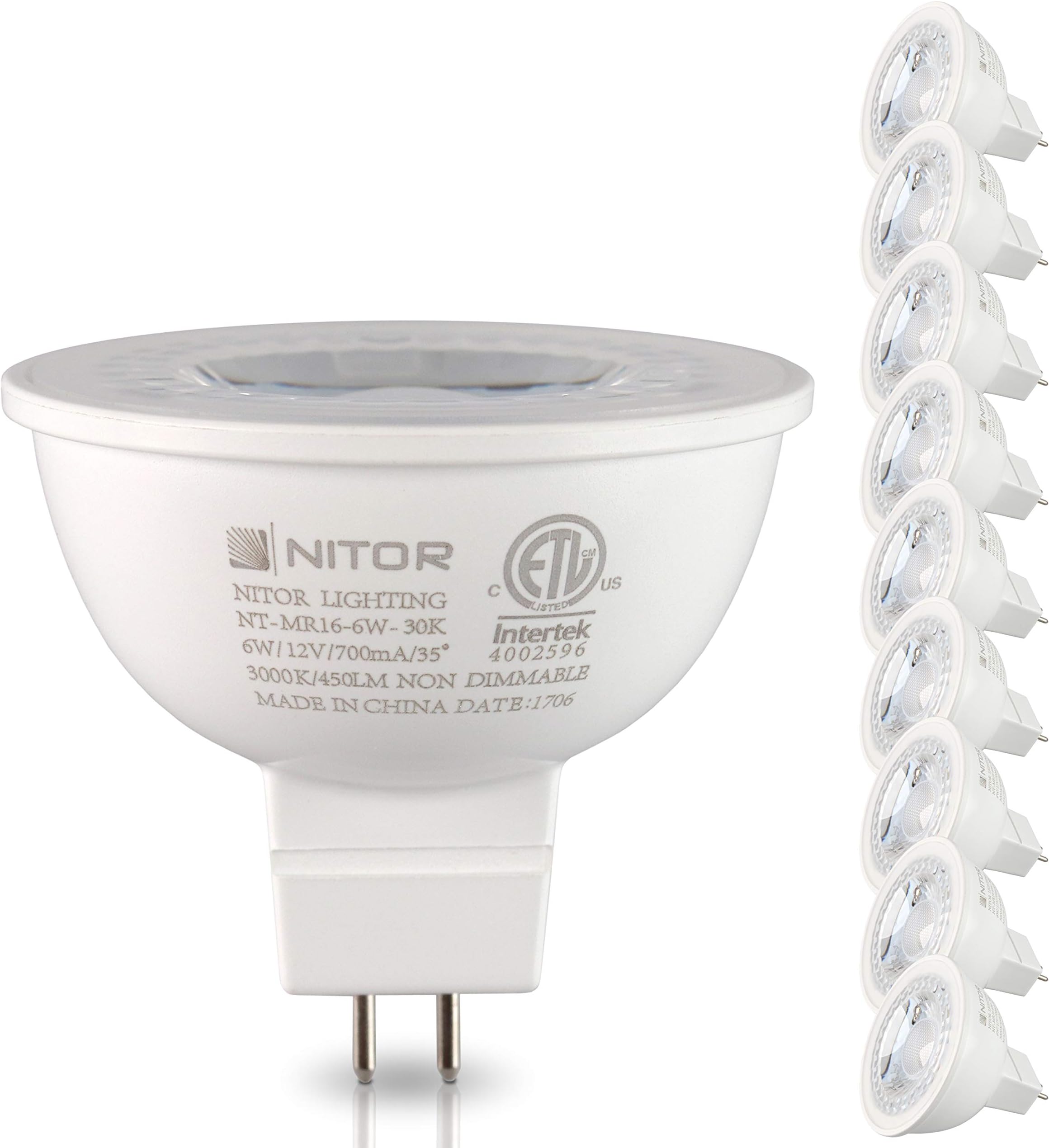 10-Pack NITOR Lighting LED MR16 bulbs, Non-Dimmable, 6 Watt, 50W Equivalent Halogen Replacement, Warm White 2700K, 450 Lumens, 30 Degree Beam Angle, UL Listed and Certified, Track Lighting