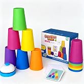 Family Game Stacking Cups, educational toys for 3+ year old,Party games kid | Color Sorting Stacking Cups, Parent-Child Interactive Toys, Christmas, Halloween, Birthday Gifts(54 Cards, 12 Cups, 1 Bell)