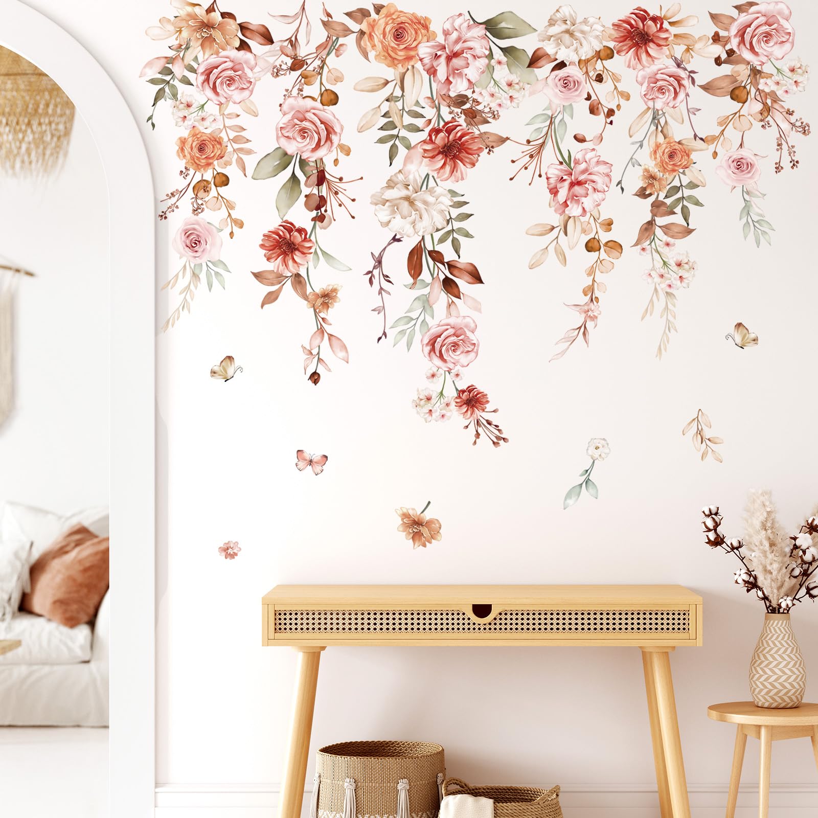 wondever Hanging Flower Vine Wall Stickers Boho Floral Leaves Peel and Stick Wall Art Decals for Living Room Girls Bedroom TV Wall