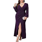 CYCLAMEN Plus Size Formal Maxi Dress Sparkly Ruched Puff Sleeve V Neck Slit Cocktail Wedding Guest Prom Evening Gown