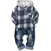 ZOEREA Toddler Baby Boys Clothes Outfits Kids Hoodie Flannel Shirts Set Plaid Hooded Tops +Jeans Pants Fall Winter 2-6T