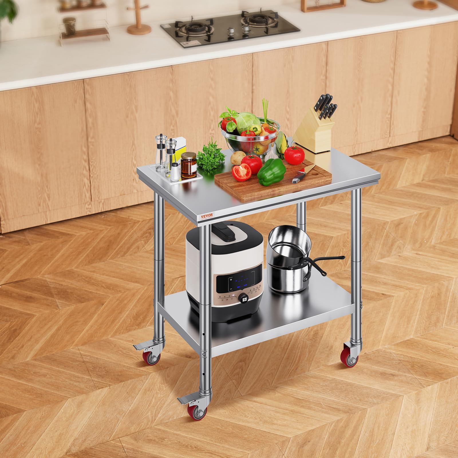 Vevor Mophorn Mesa de trabajo de acero inoxidable de 36 x 24 pulgadas con 4 ruedas, mesa de trabajo de preparación de alimentos resistente para cocina comercial, restaurante, color plateado