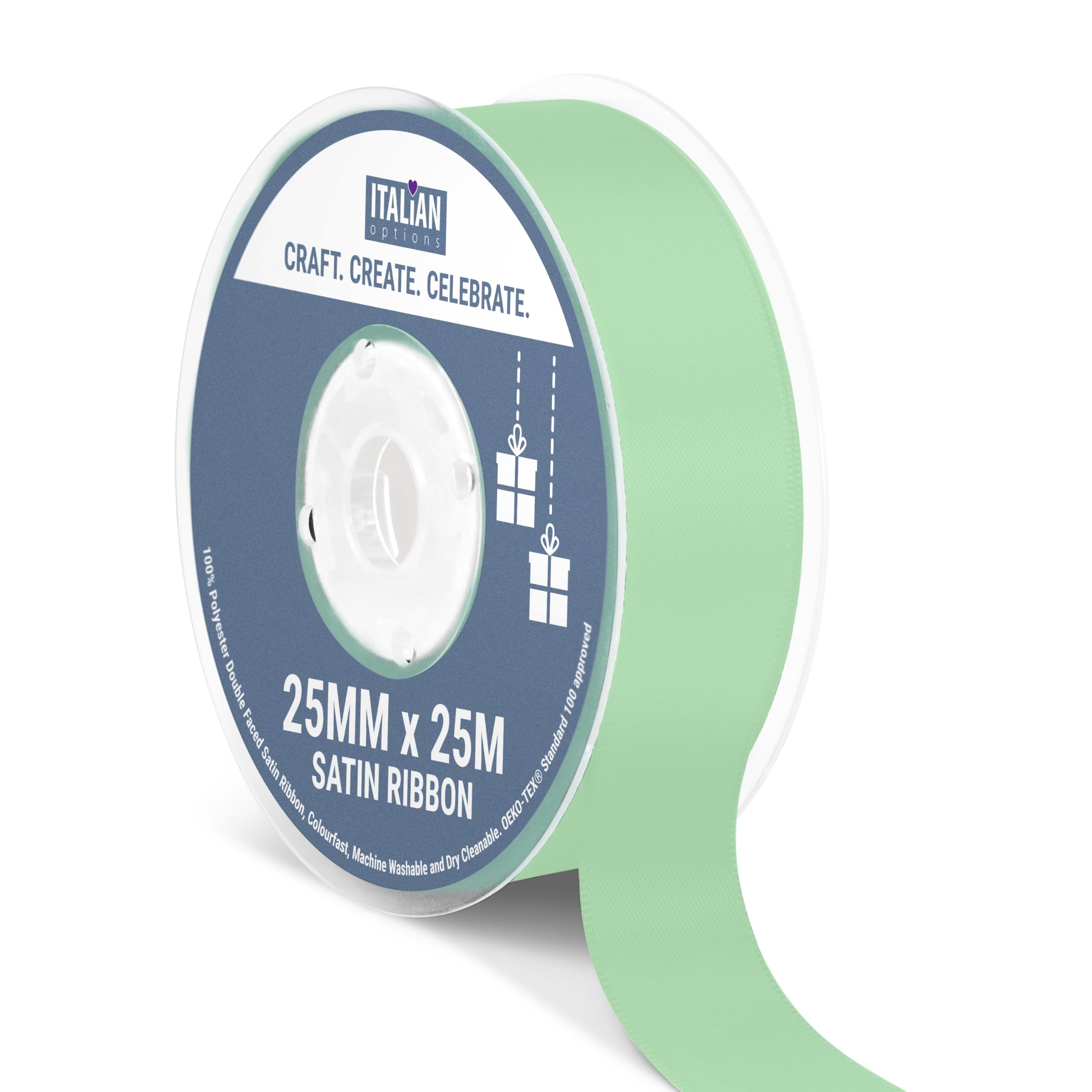 Italian Options Satin Ribbon, Fabric Ribbons for Gift Wrapping, Crafting, Balloons, Wedding Car, Presents, Cake, Christmas, Birthday, Gift Wrap Accessories, 25mm Wide x 25 Metre Roll, Sage Green