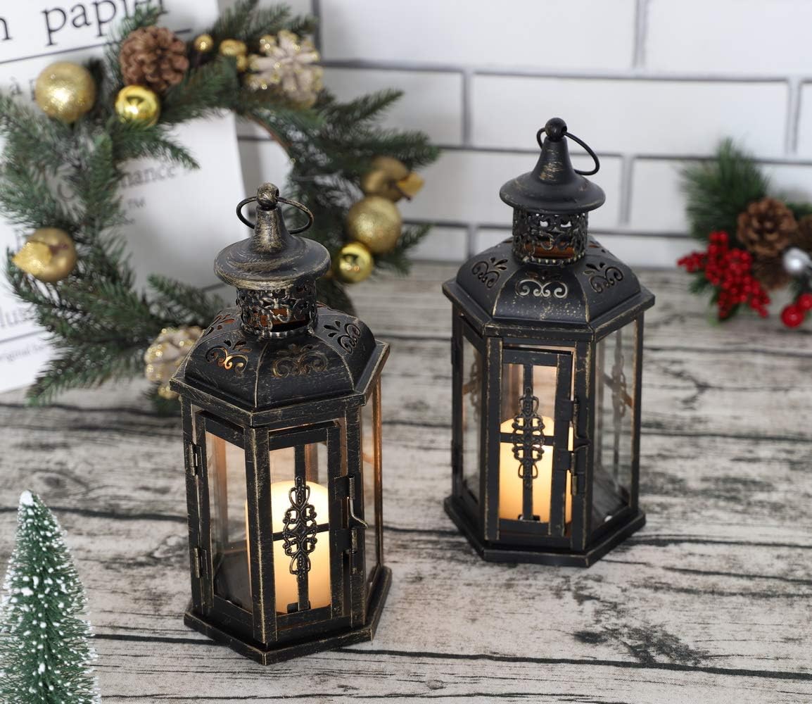 JHY DESIGN Set of 2 Decorative Lanterns -10 inch High Vintage Style Hanging Lantern Metal Candleholder Black with Gold Brush: Home & Kitchen