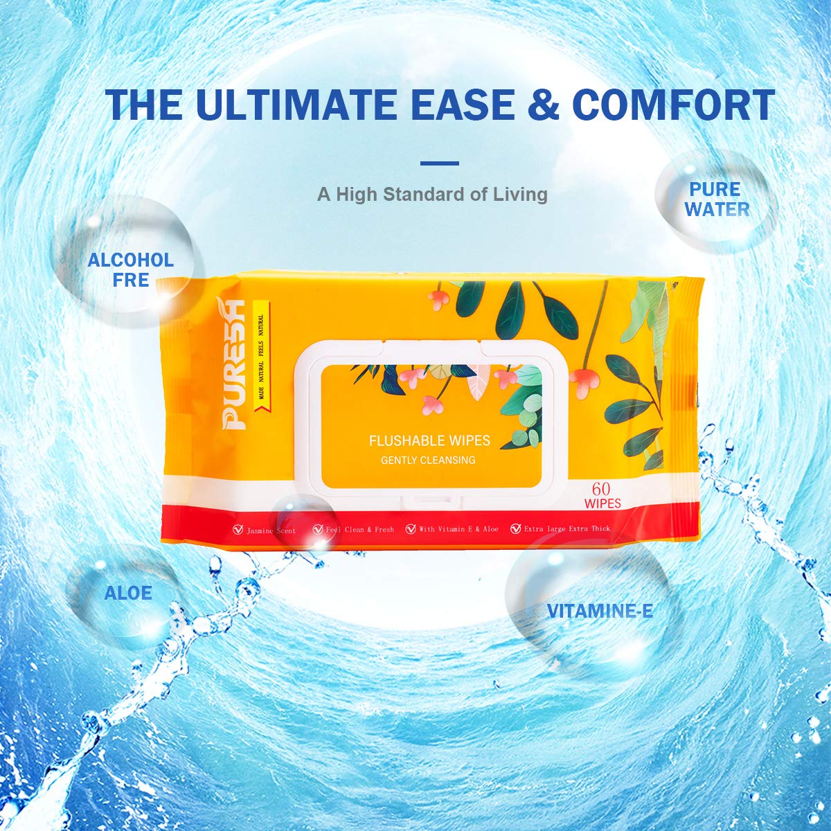 Puresh Feminine Wipes for Women Adults, Large Flushable Wet Wipes with Jasmine Scent, Vitamin-E & Aloe for at-Home Use, General Purpose Personal Cleaning, Sewer Safe (60 Count, 5 Pack Total 300 Wipes): Beauty