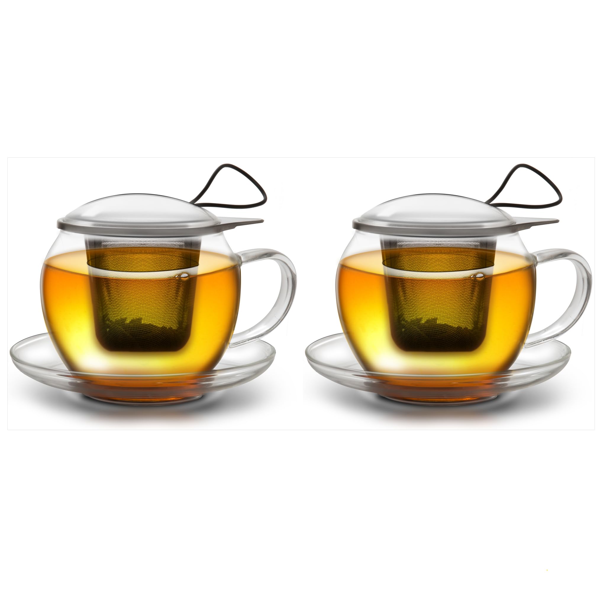 Creano Jumbo Tea Cup XXL with Handle and Integrated Stainless Steel Strainer, Glass Lid and Saucer | 450Ml- Transparent, 2XL (Pack of 2)