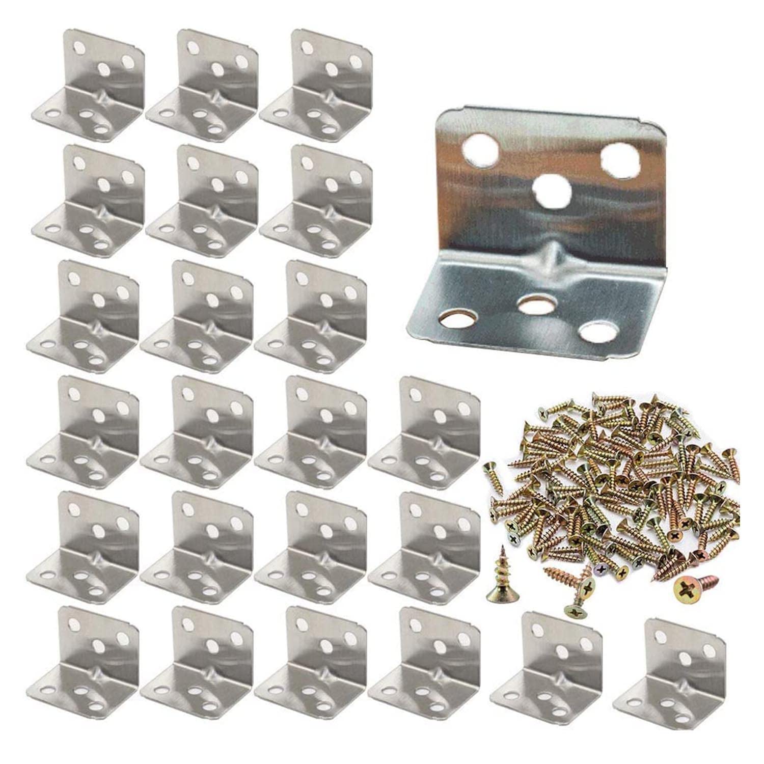 24 Pieces Brackets Fastener, 90 Degree Right Angle Corner, Iron Corner Bracket, L Shape Corner Brace, 6 Hole L Iron Right Angle Code with 144 Pieces Screws for Furniture, Chests, Screens, Windows