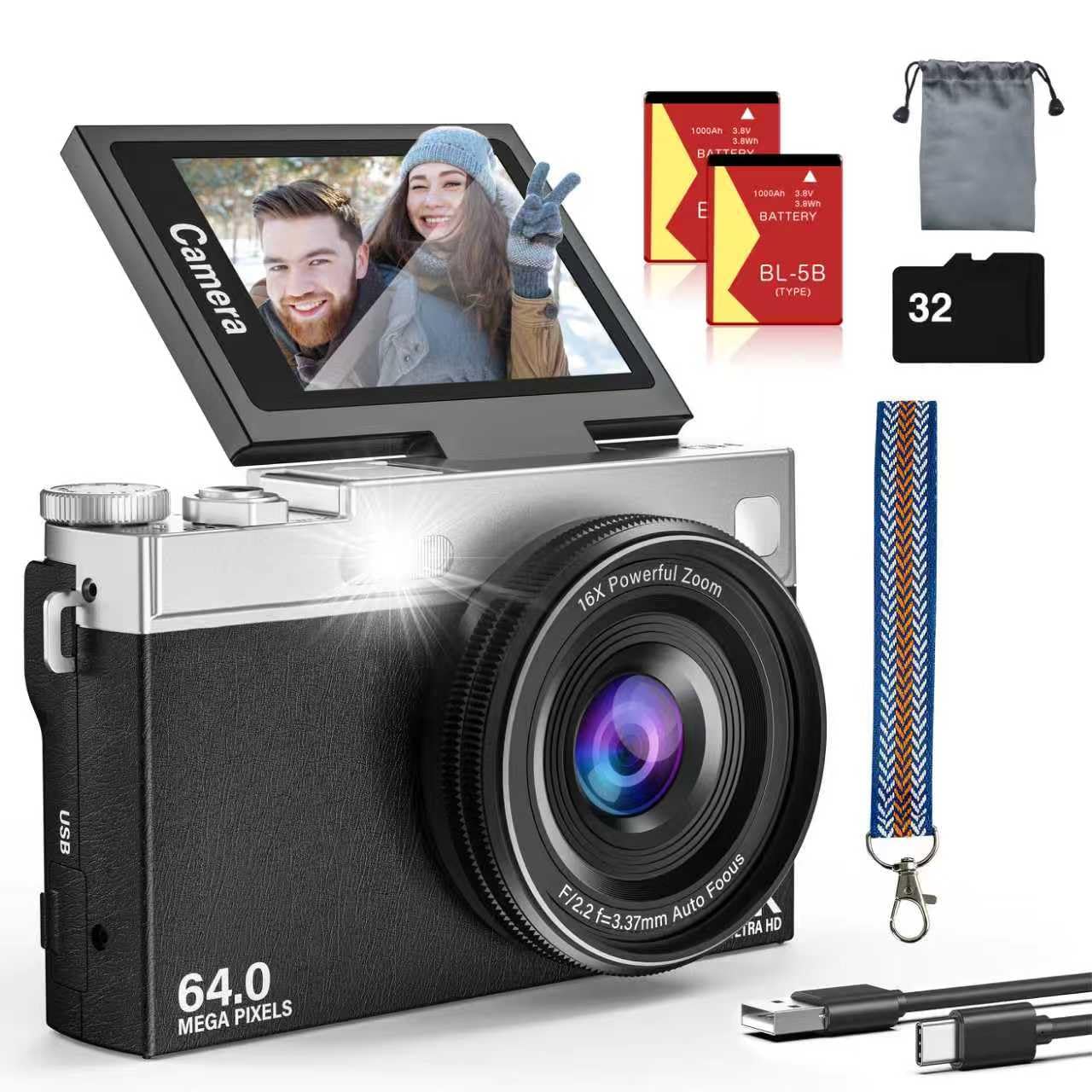 Photo 1 of 2025 New 4K Digital Camera for Photography and Vlogging, 64MP & 2.88" 180° Flip Screen Travel Cameras with 16X Zoom, 32GB SD Card, 2 Batteries, Anti-Shake, Perfect for Teens and Beginners (Black)