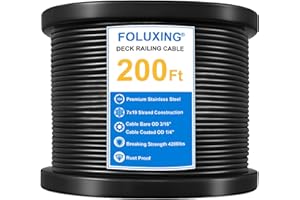 FOLUXING 200Ft 1/4" Wire Rope,7x19 Strand Vinyl Coated Aircraft Cable Wire,3/16" Thru 1/4" for Cable Railing, Indoor Outdoor Decking Stair Railing Balustrade DIY, Fencing, Clothes Line