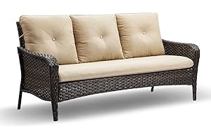 HUMMUH Patio Wicker Sofa,3-Seater Outdoor Rattan Couch with High Back and Wide Armrest for Garden Porch Backyard (Brown/Beige)