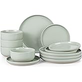 HaWare Stoneware Dinnerware Sets, 12-Piece Plates and Bowls Set for 4, Dishes Set for Home Restaurant, Speckled Asparagus Green