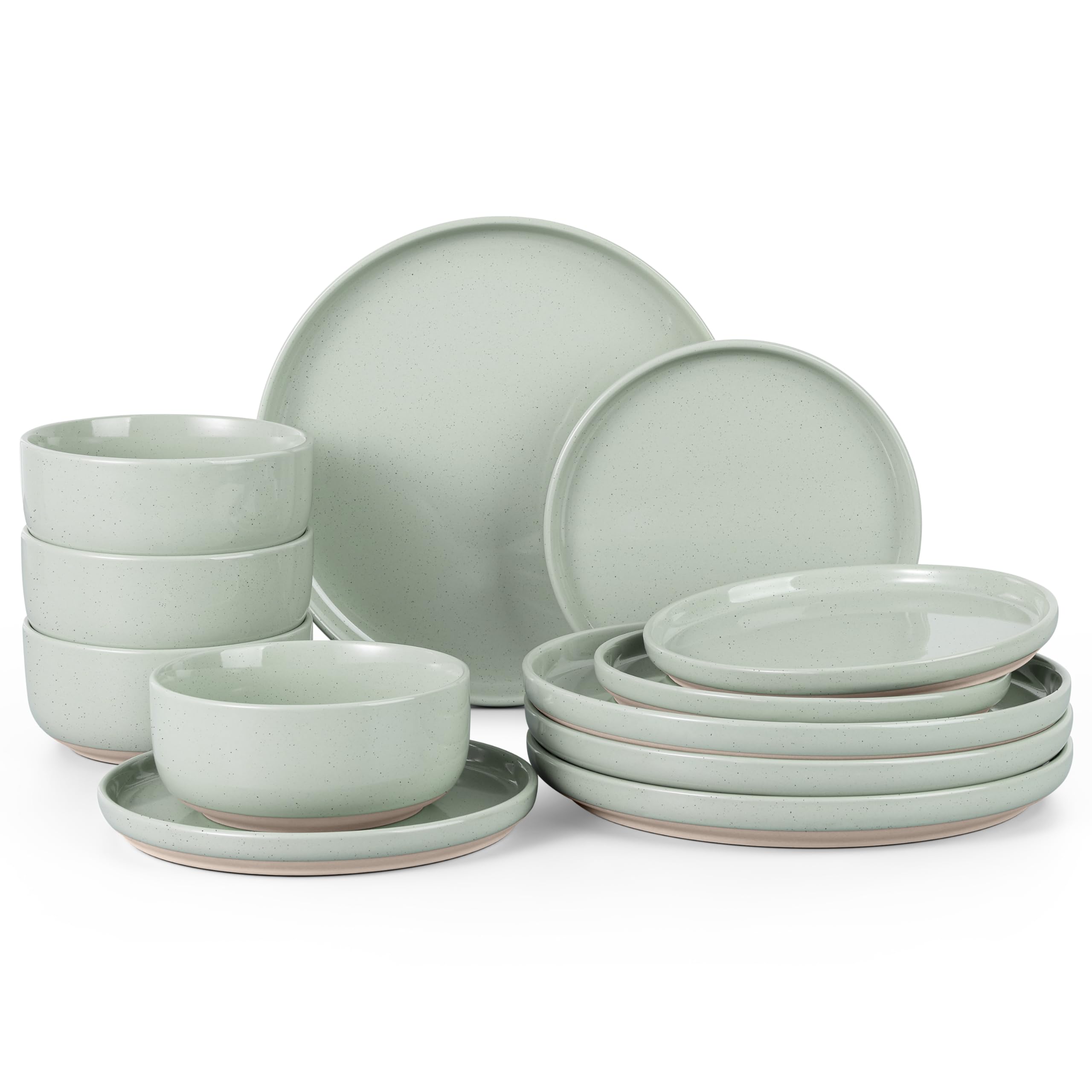 Photo 1 of HaWare Stoneware Dinnerware Sets, 12-Piece Plates and Bowls Set for 4, Dishes Set for Home Restaurant, Speckled Asparagus Green
