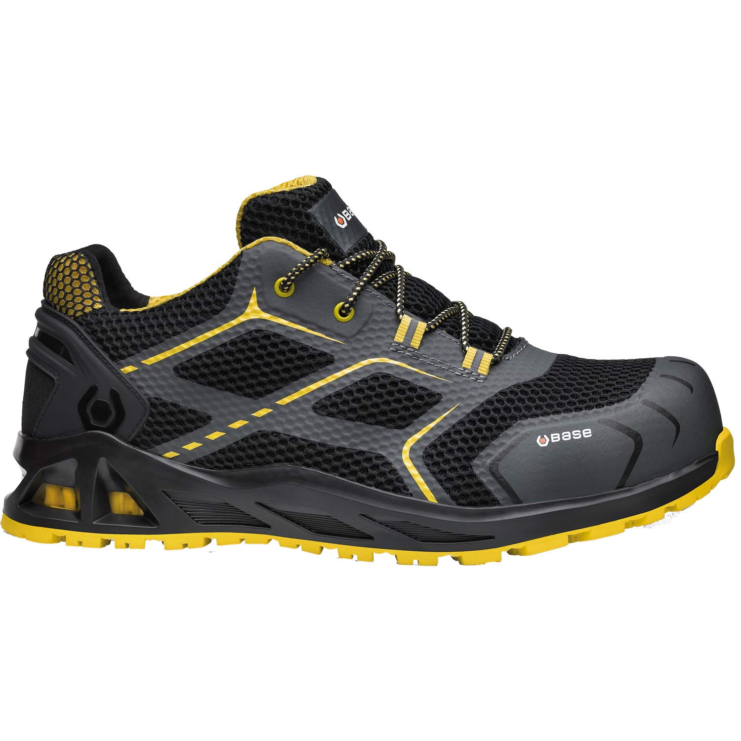 BASE K-SPEED B1004C S1P HRO SRC Aluminium Toe i-daptive Sole Dry’n Air Footbed SmellStop Ballistic Midsole Seamless Safety Trainer, Black/Yellow, UK 4.5