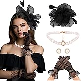 CURASA 4PCS Fascinators Hat for Women Flower Tea Party with Lace Gloves Pearl Necklace Earrings Feather Derby Hat