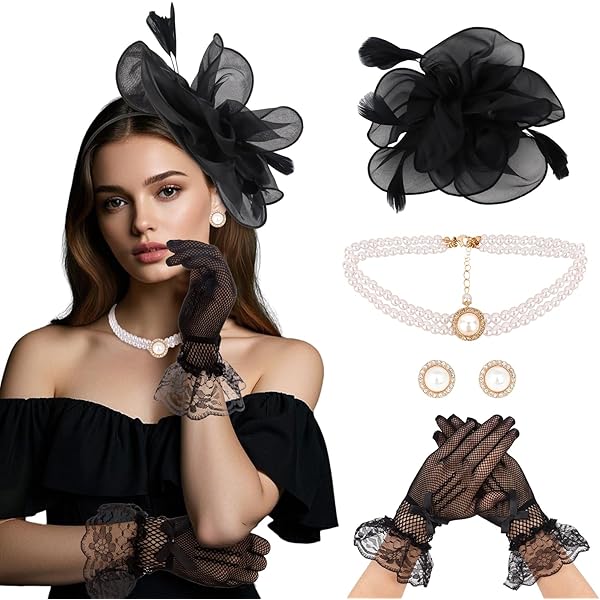Bowknot Fascinator Hat Headband with Veil Short Lace Glove 