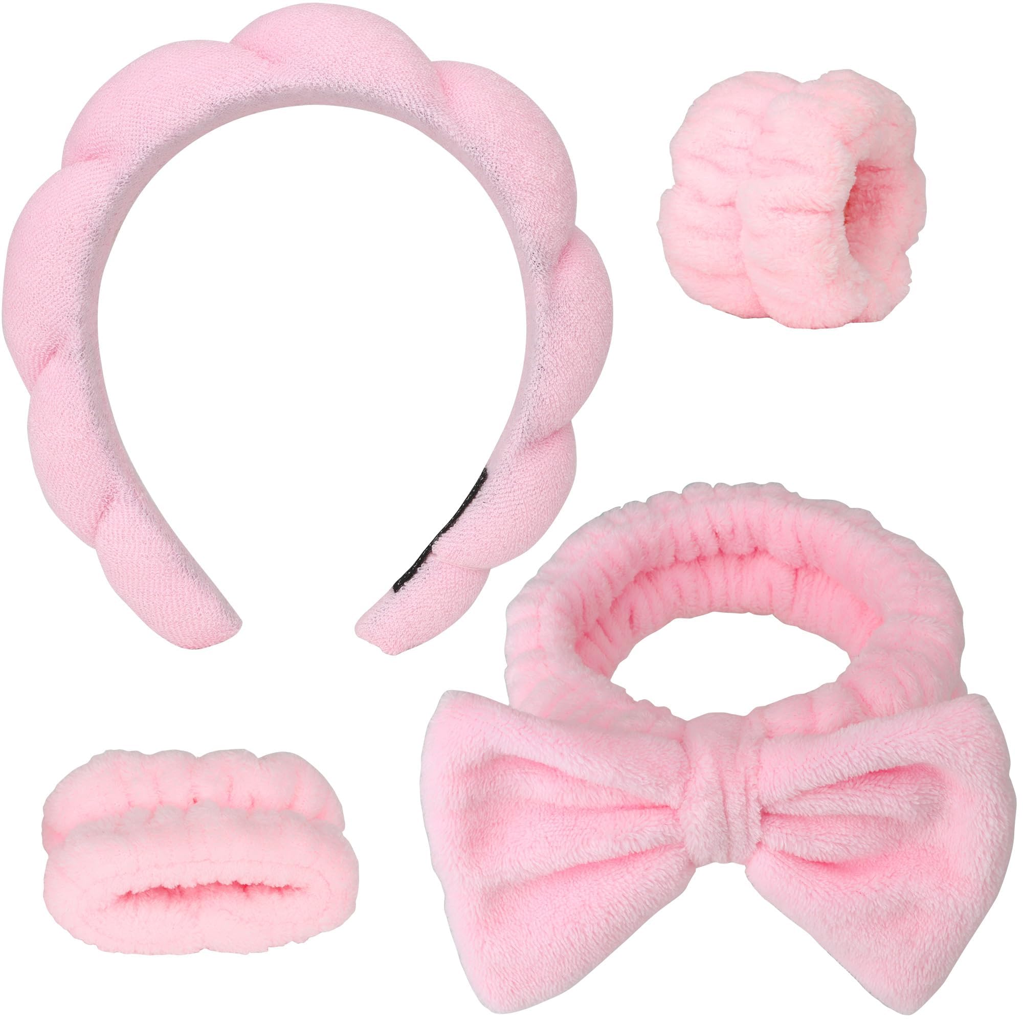 4PCS Spa Headband Hairband & Wristband Set Bow-tie Hairband with Buckled Hair Band Wrist Washband Terry Towel Cloth Headband for Washing Face Makeup Removal Skincare Pink