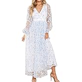 R.Vivimos Women Maxi Dress Tulle Long Sleeve V Neck Floral Embroidery Backless Casual Flowy A-Line Dress