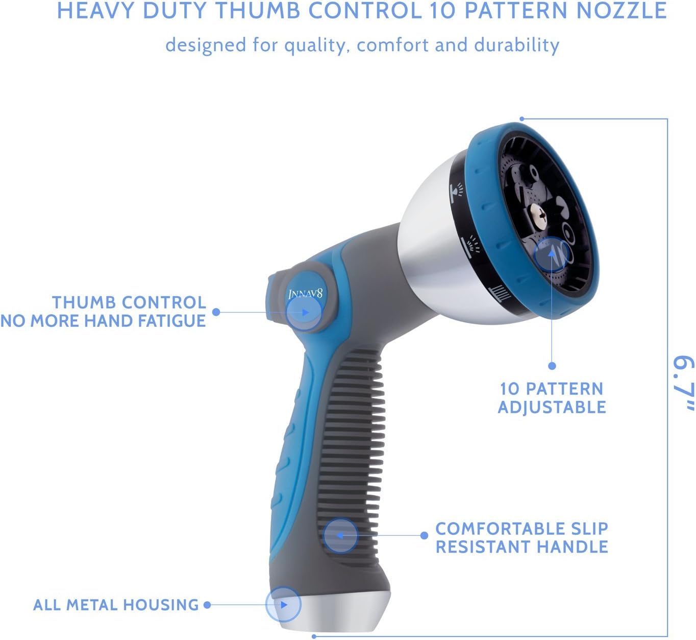 INNAV8 Water Hose Nozzle Sprayer - Features 10 Spray Patterns, Thumb Control, On Off Valve for Easy Water Control - HIGH Pressure Garden Hose Nozzle for Garden Hose - Garden Hose Spray Nozzle for Hose: Automotive