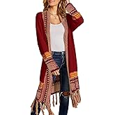 FERBIA Women Boho Cardigan Sweater Long Open Front Maxi Knit Sweaters Aztec Tribal Tassel Fringe Thin Coat