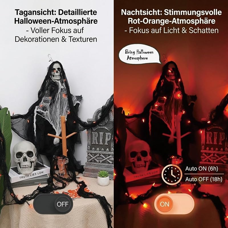 Guirlande lumineuse décorative d'Halloween orange avec gaze noire, 3 m, 30 LED, 8 modes et minuterie, étanche IP65, éclairage d'Halloween intérieur et extérieur pour fenêtre, cheminée, jardin