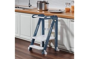 JPMKPD Kids Kitchen Step Stool, Foldable Toddler Tower, Height Adjustable Toddler Standing Tower with Safty Rail and Anti-Slip Device, Wooden Stool for 1.5-6 Years(Sky Blue-White)