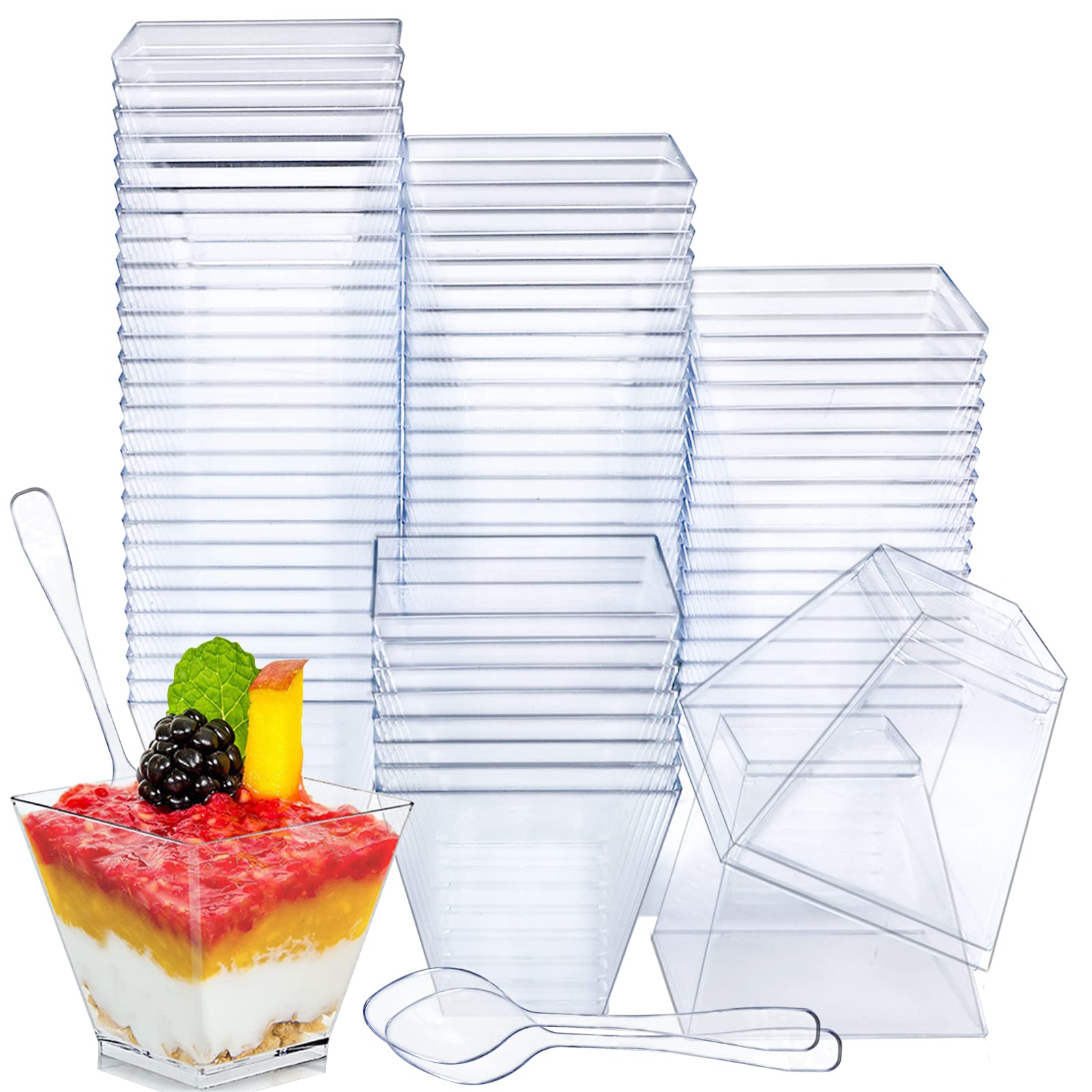 LONTOM 100 Pcs Reusable Plastic Mini Dessert Cups with Spoons, 60 ml/2 oz Cheesecake Pots Jelly Pots,Dessert Cups Canape Cups for Mousse Pudding Jelly Trifles Ice Iream Desserts