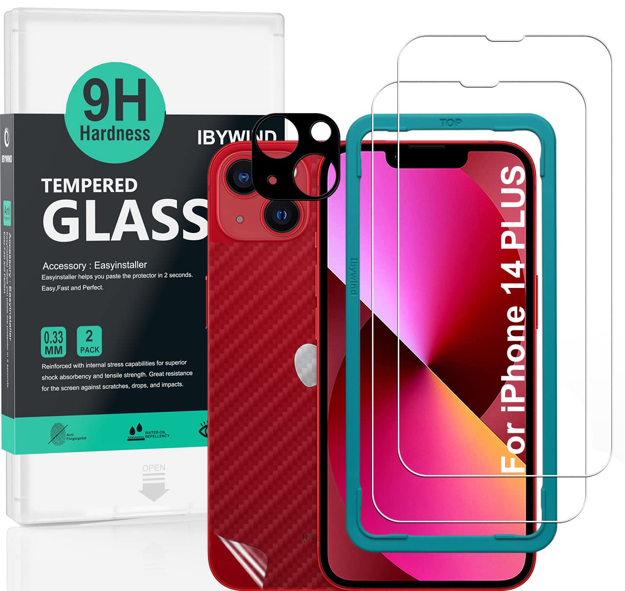 Ibywind Screen Protector (2 Pack) For iPhone 14 Plus,9H Hardness Tempered Glass,With 1Pc Metal Camera Lens Protector,1Pc Back Protector,Easy to Install