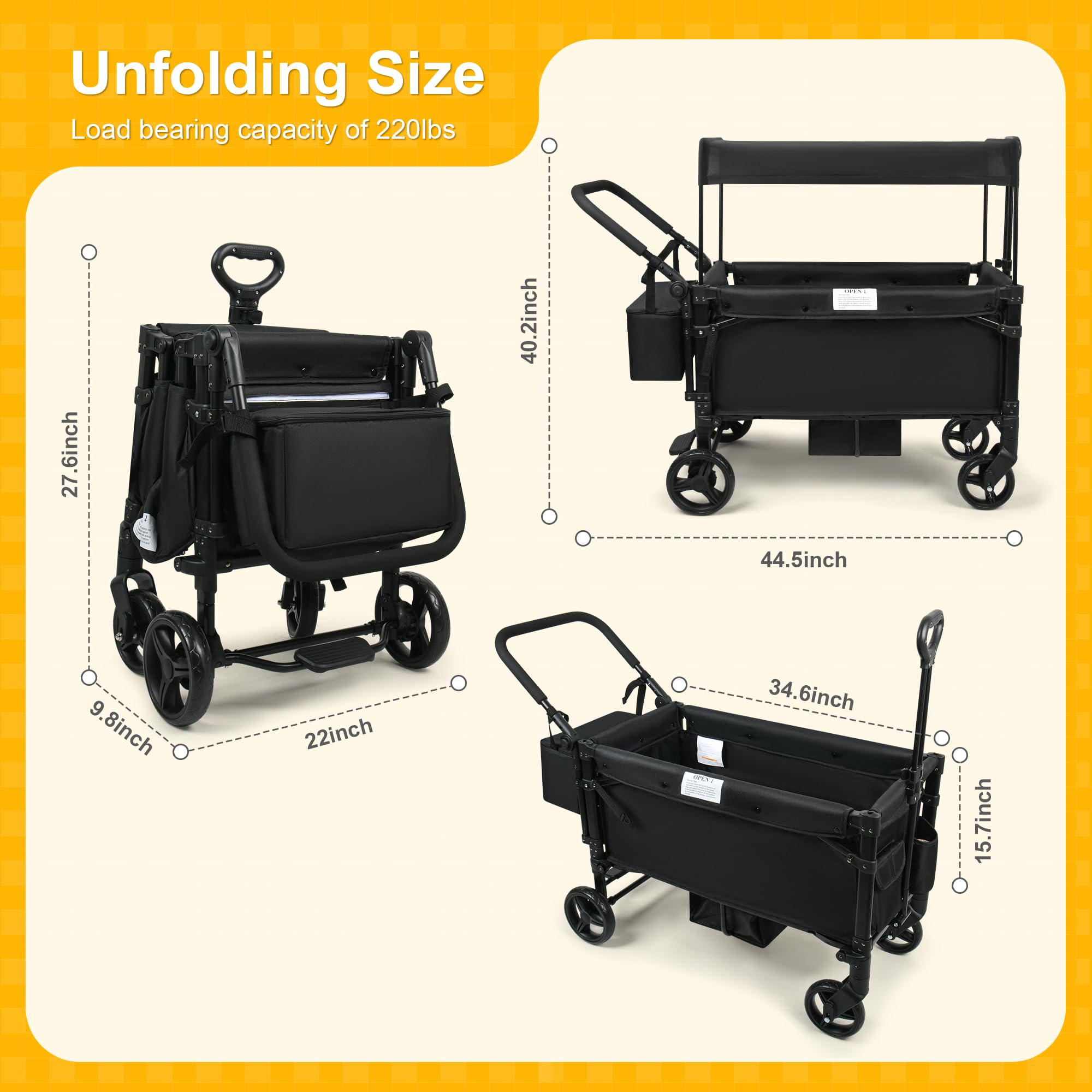 VOOI Stroller Wagon, 2 Seater Kids Wagon, Collapsible with 5-Point Harnesses, Zipper Door, Sun Canopy