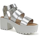 Topshoe Avenue Donna ~ Women Open Toe Two Bands Lug sole Fashion Block Heel Sandals with Adjustable Ankle Strap