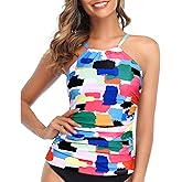 Tempt Me Women Tankini Top Only High Neck Bathing Suit Top Tummy Control Ruched Swimsuit Without Bottom