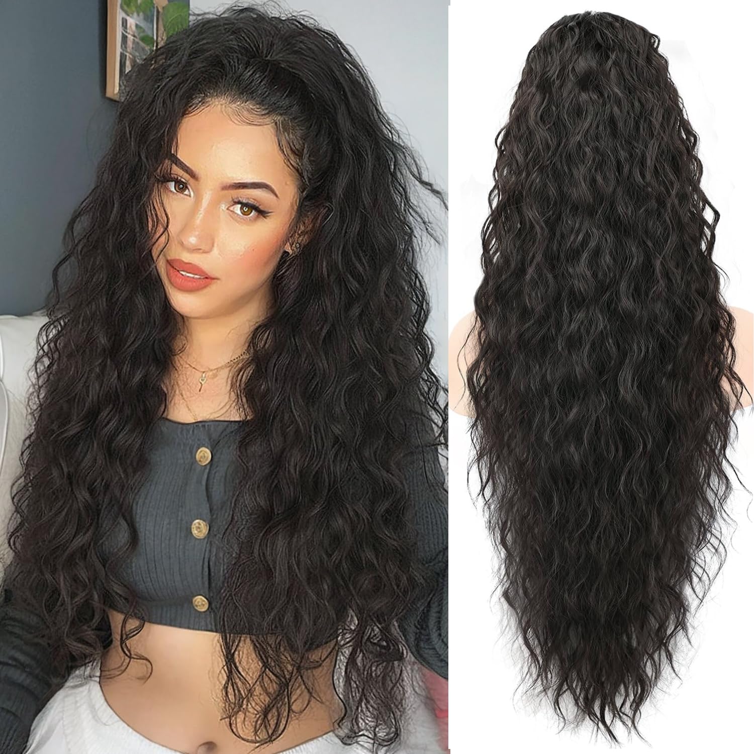 PORSMEER Ponytail Extension Natural Black Long Curly Drawstring Clip in Pony Hair Extension Synthetic Water Curl Pony Tail Hairpiece for Women — image 1