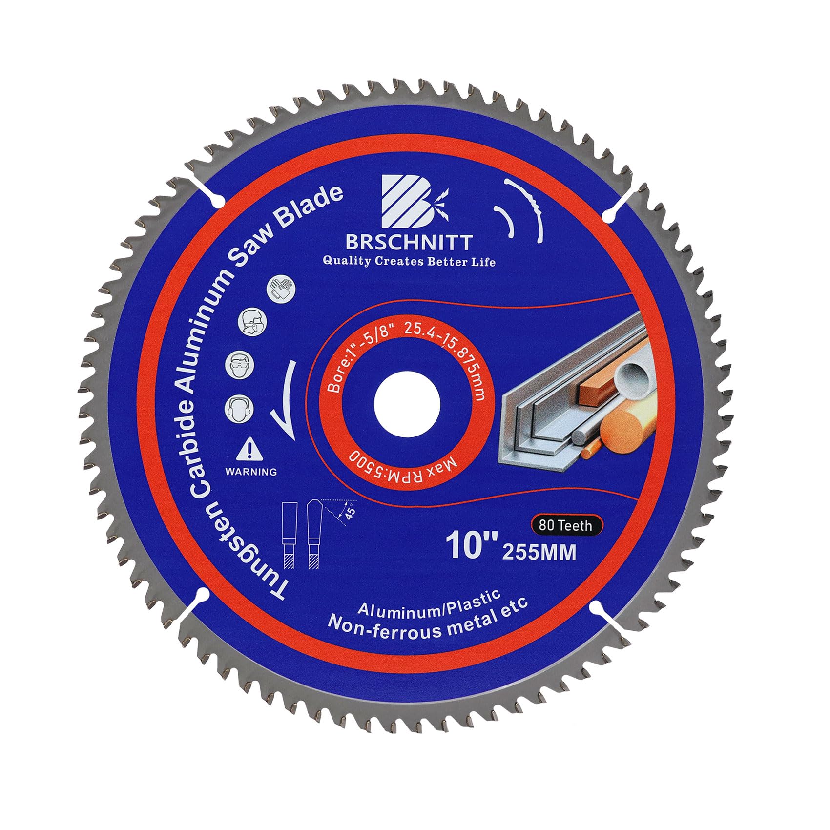 BRSCHNITT 255mm 80Tooth TCG Metal Saw Blade - for Aluminum Plastics and Non Ferrous 25.4mm-15.875mmArbor