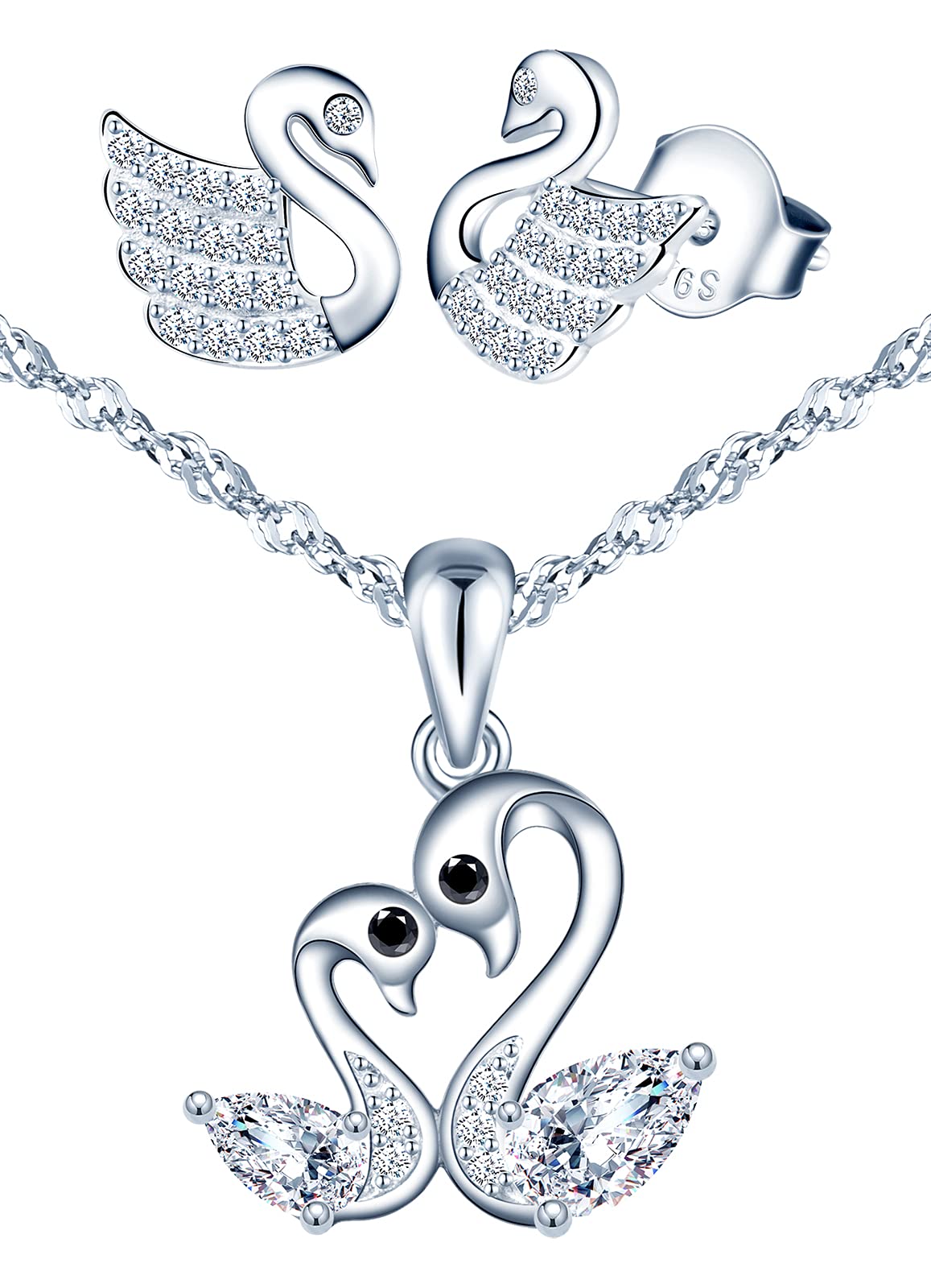Yumilok 925 Sterling Silver Jewellry Set Swan Stud Earrings Necklace Set