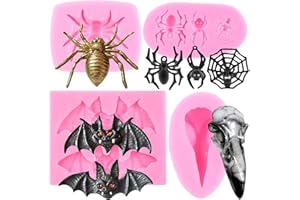 ZiXiang Halloween Cupcake Fondant Molds Spider Bat Raven Head Skull Silicone Mold For Halloween Cake Decorating Cupcake Topper Candy Polymer Clay Chocolate Gum Paste Set Of 4