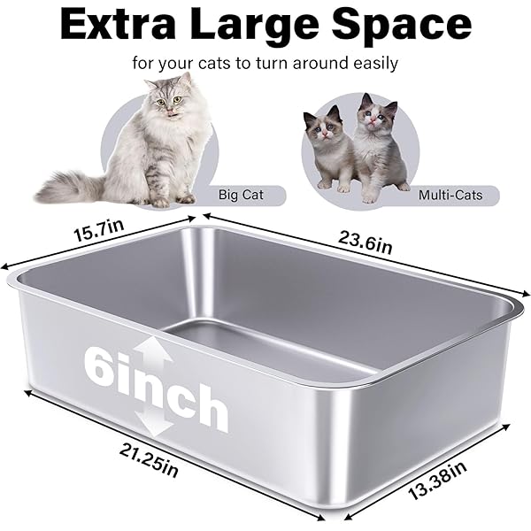 FUTAM STAINLESS STEEL LITTER BOX, 23.6“X15.7″X6″ DEEP STAINLESS STEEL CAT LITTER BOX EXTRA LARGE, XL METAL LITTERBOX FOR BIG CATS WITH HIGH SIDES, NON STICK SURFACE, EASY TO CLEAN