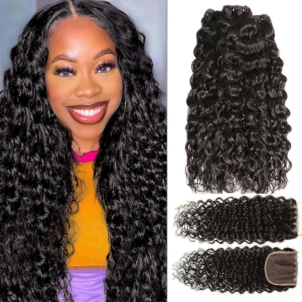 Human Hair Bundles with Closure (12 14 16+10) Wet and Wavy 100% Unprocessed Brazilian Virgin human hair 3 Bundles with 4x4 Lace Closure Free Part Curly Wave Hair Extensions