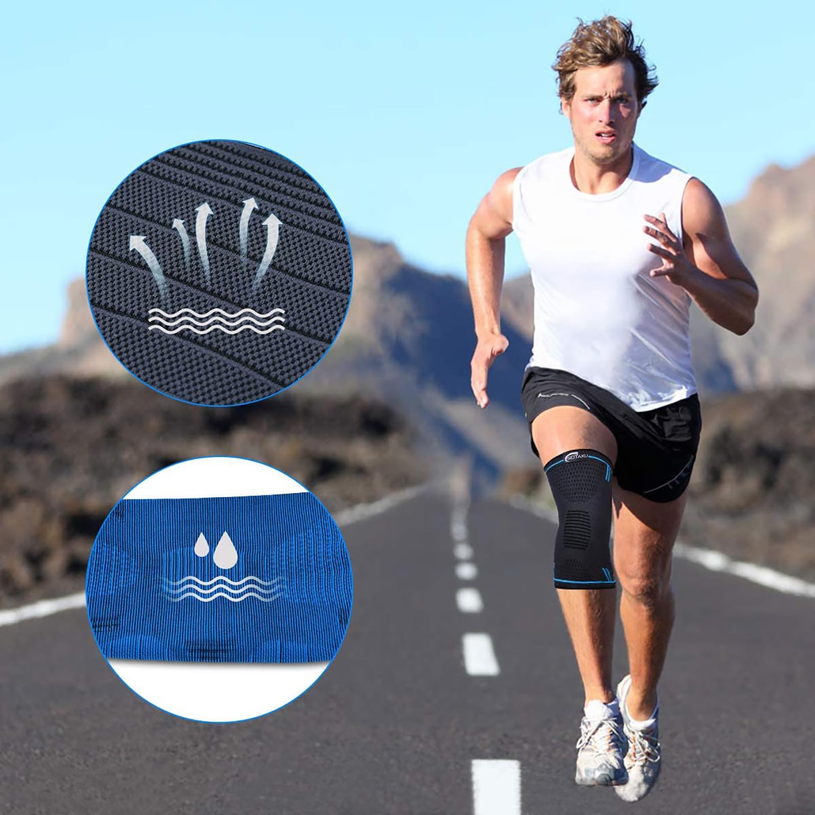 Seitaku Knee Braces for Women Men 2 Pack, Knee Compressin Sleeve Support for Running, Working out, Weightlifting, Football, Basketball, Gym, Sports (Navy, Medium)