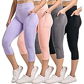 Real Essentials 4 Pack: Women's Capri Leggings with Pockets Casual Yoga Workout Exercise Pants (Available in Plus Size)